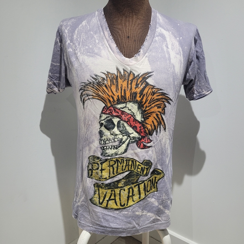 Dom Rebel Men's Permanent Vacation Skull Distressed V-Neck T-Shirt Medium Grunge
